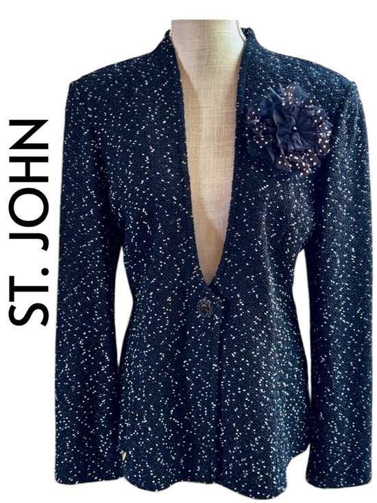 ST. JOHN Jackets & Blazers - ST. JOHN -Sz12- Black Sparkle Bouclé Women's Blazer with Floral Brooch Vintage